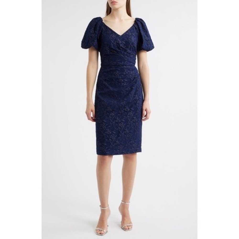 Eliza J Sheath Dress Women Navy Blue Floral Jacquard Puff Sleeve 6 NWT